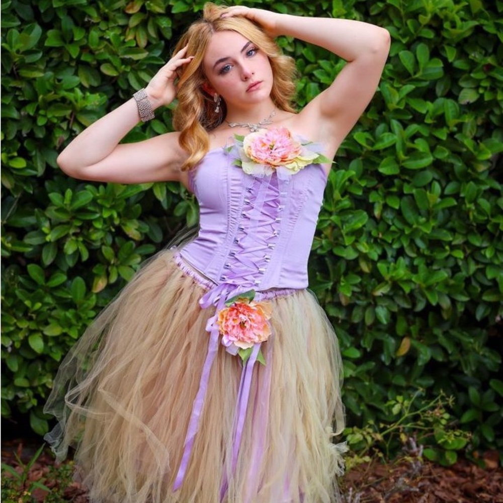 OOAK Lavender Corset Tulle Fairy Corset and Skirt Pink Floral Accents